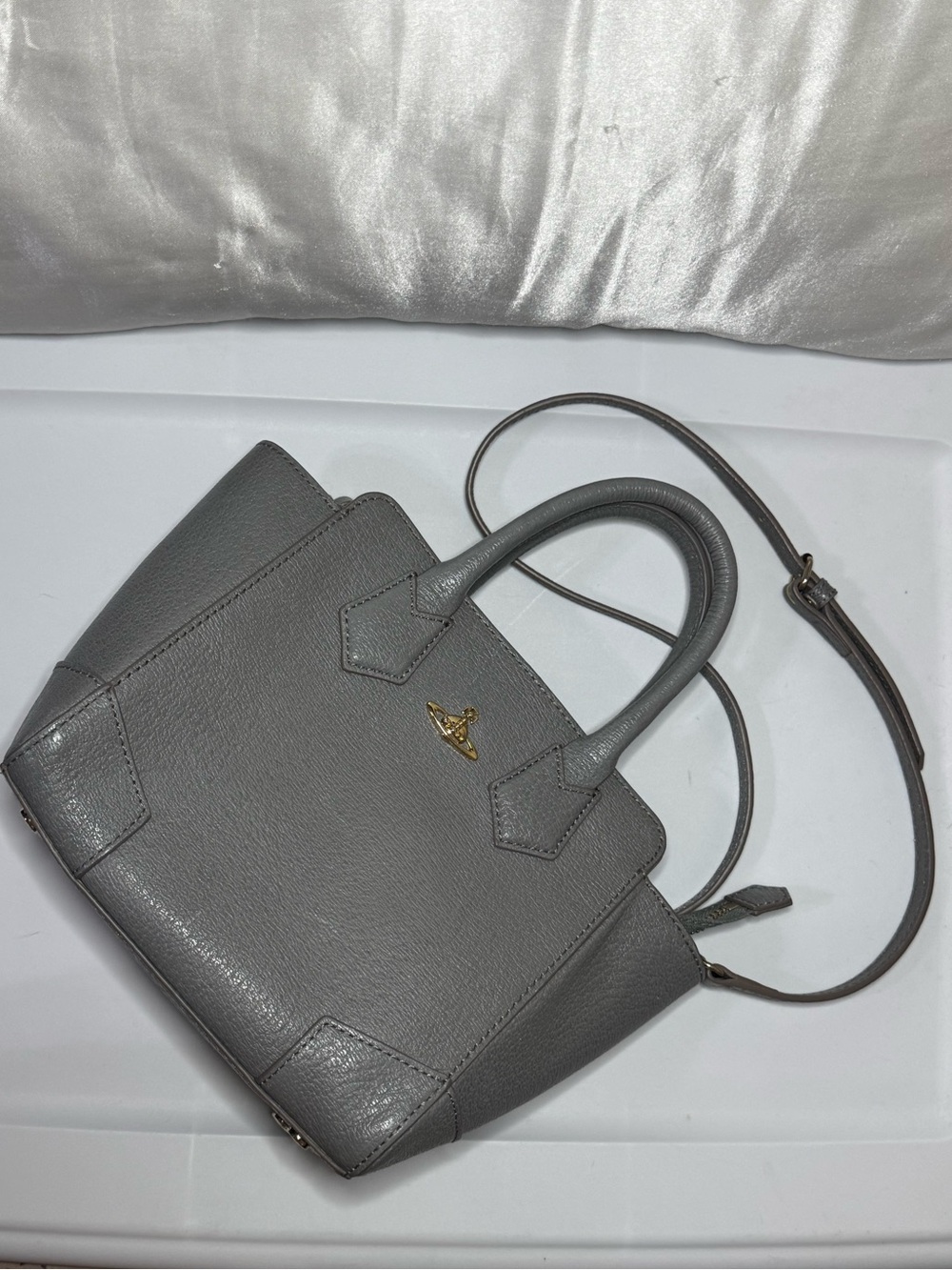 Authentic Vivienne Westwood Gray Structured Leather Satchel Bag with Gold Accent